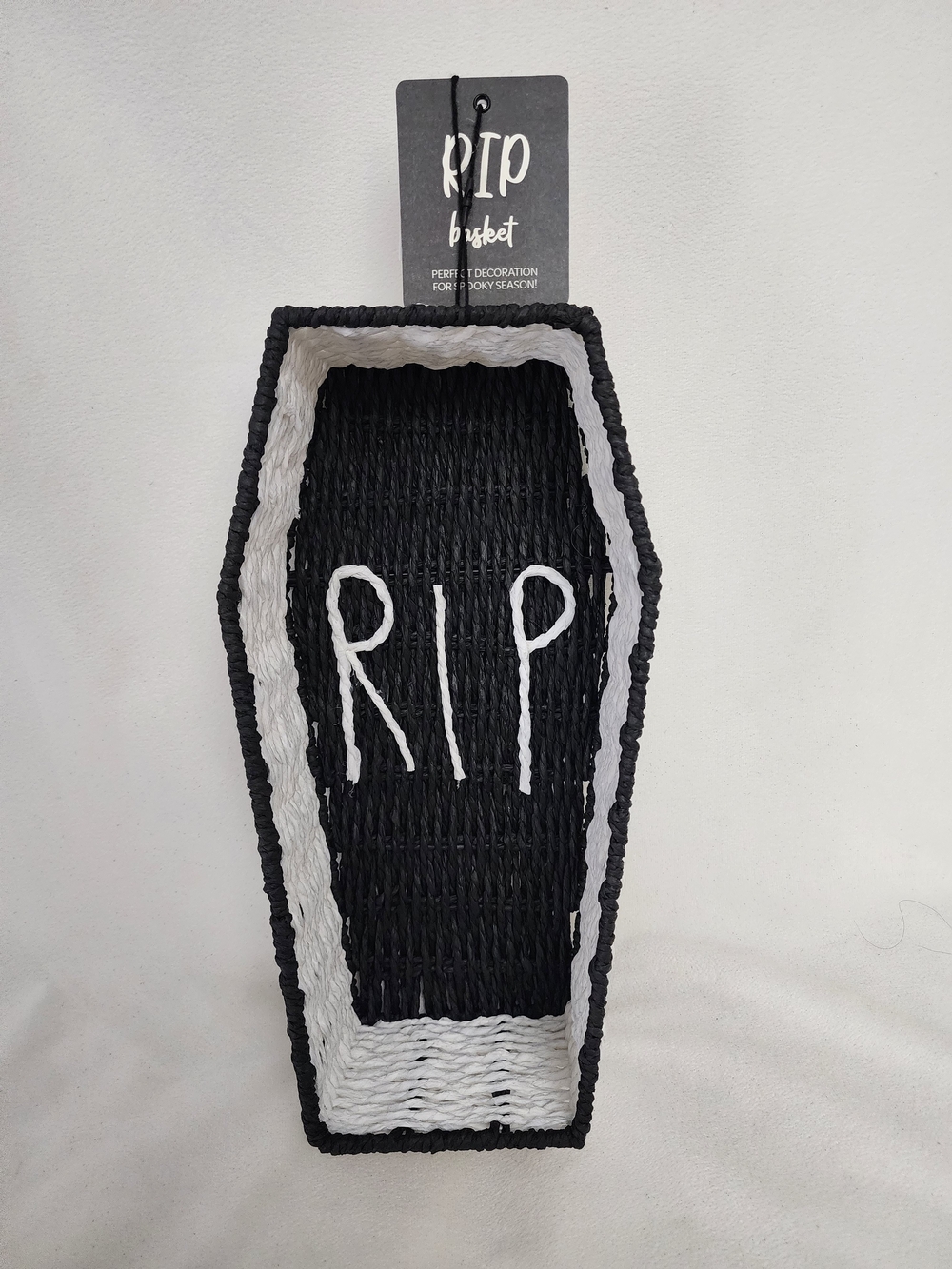 RIP Woven Coffin Basket Holiday Décor - Black and White